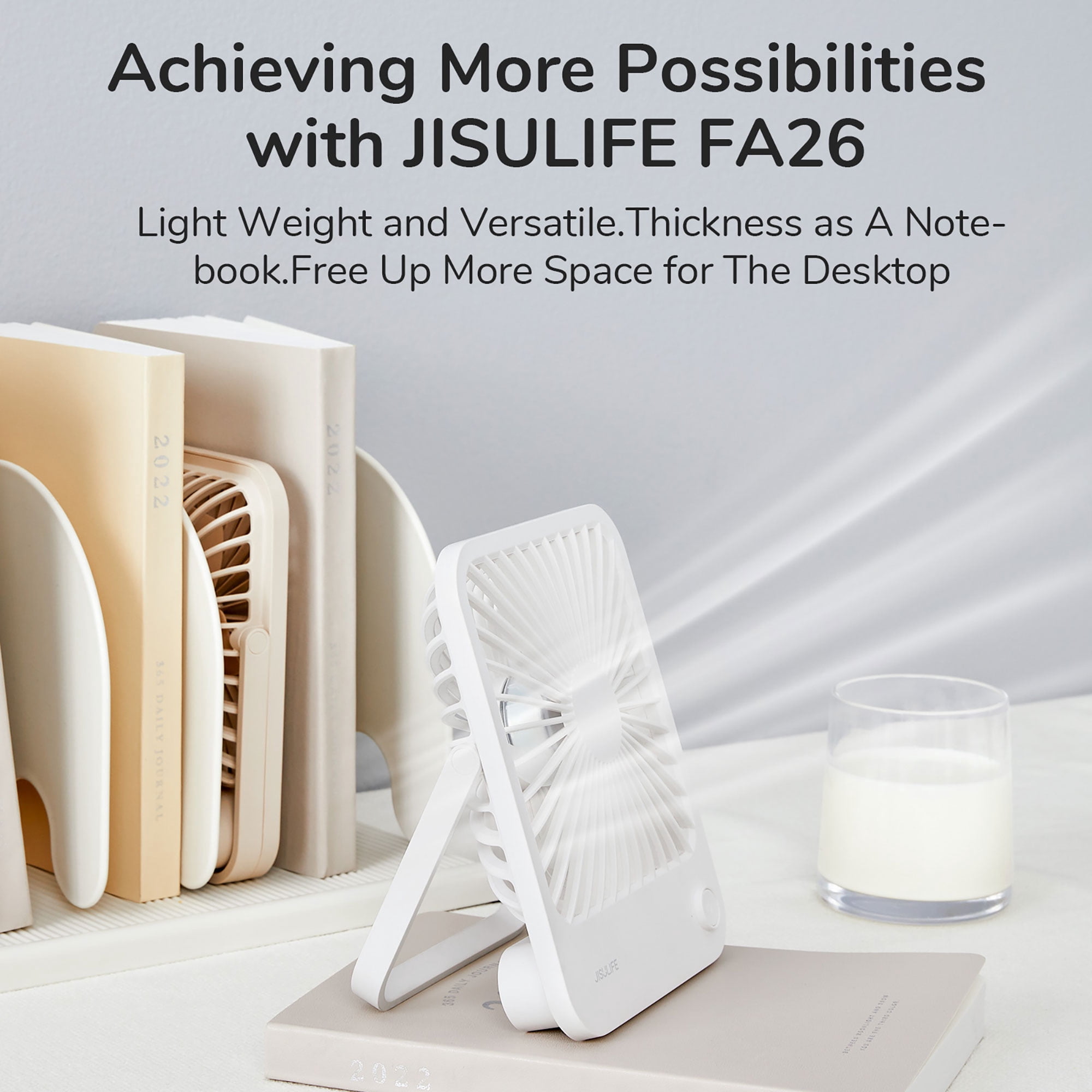 JISULIFE Portable Desk Fan, 4 Adjustable Speeds, 180°Foldable Design, 4500mAh Rechargeable Fan Battery Powered for Home, Outdoor-White