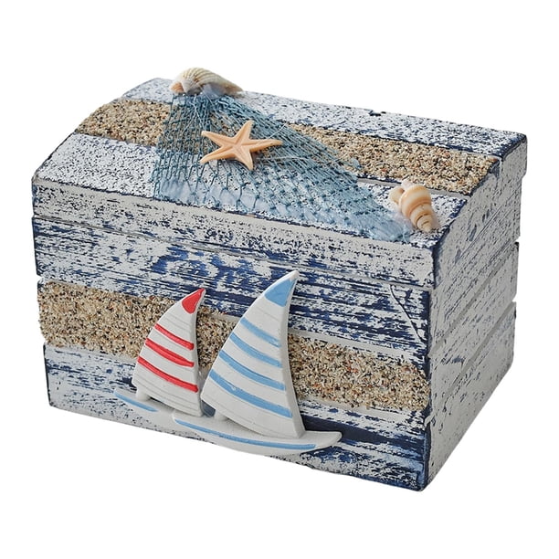 Pequeño joyero, caja decorativa de madera con tapa, contenedor de almacenamiento en estilo náutico. Con barco