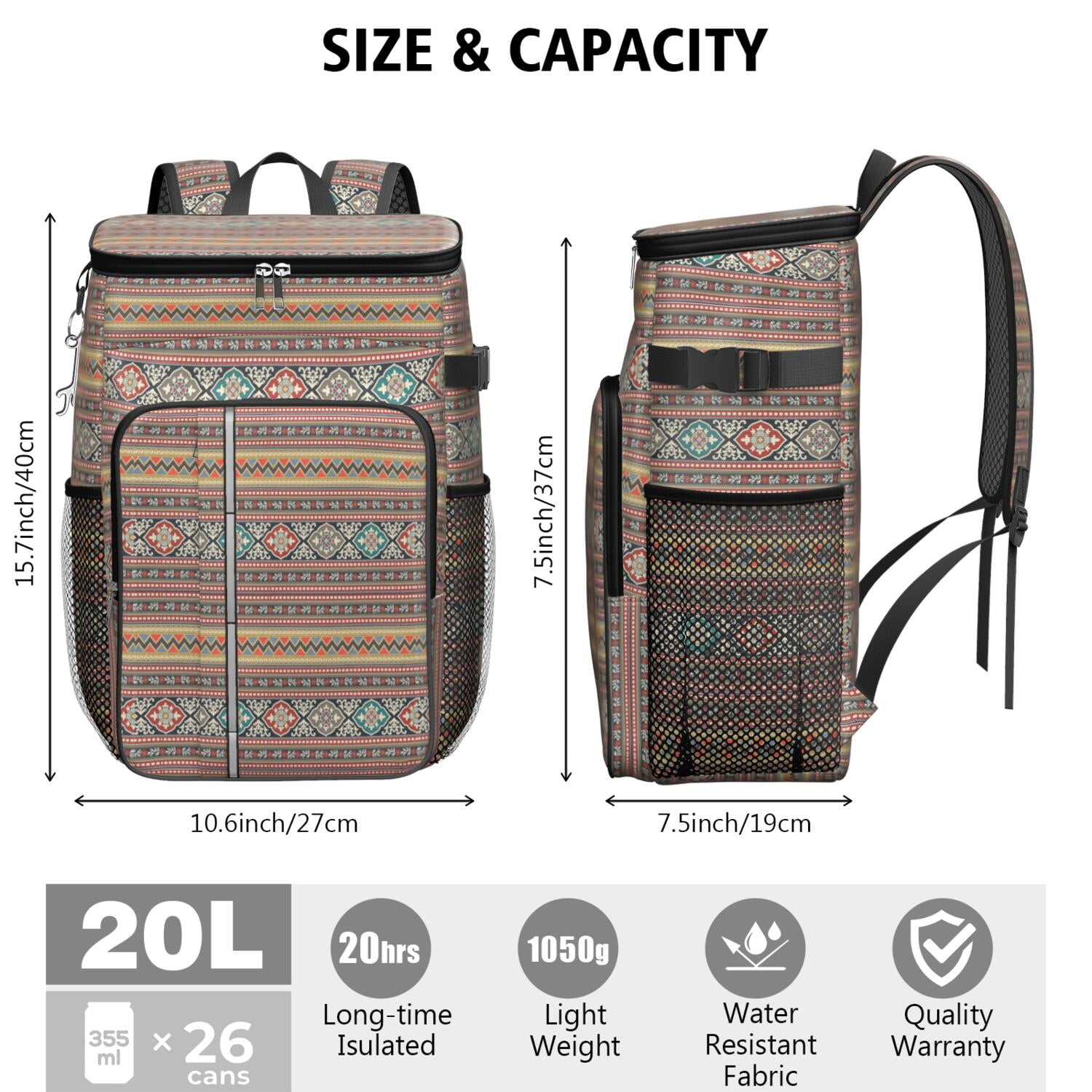 Travel Cooler Bag - Boho Bohemia Pioneer Flower Geometric Line Art Camping Beer Cooler Backpack with Bottle Opener- Waterproof Insulated Picnic Backpacks - Cooler Bag for Beach