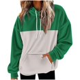 thumbnail image 3 of Women's Color Block Brushed Fleece Hoodie, Drawstring Hood Pullover, Soft Plush Sweatshirt, Casual Loungewear Top, Winter Comfort Wear, Cozy Pocket Hoodie Green XL, 3 of 5