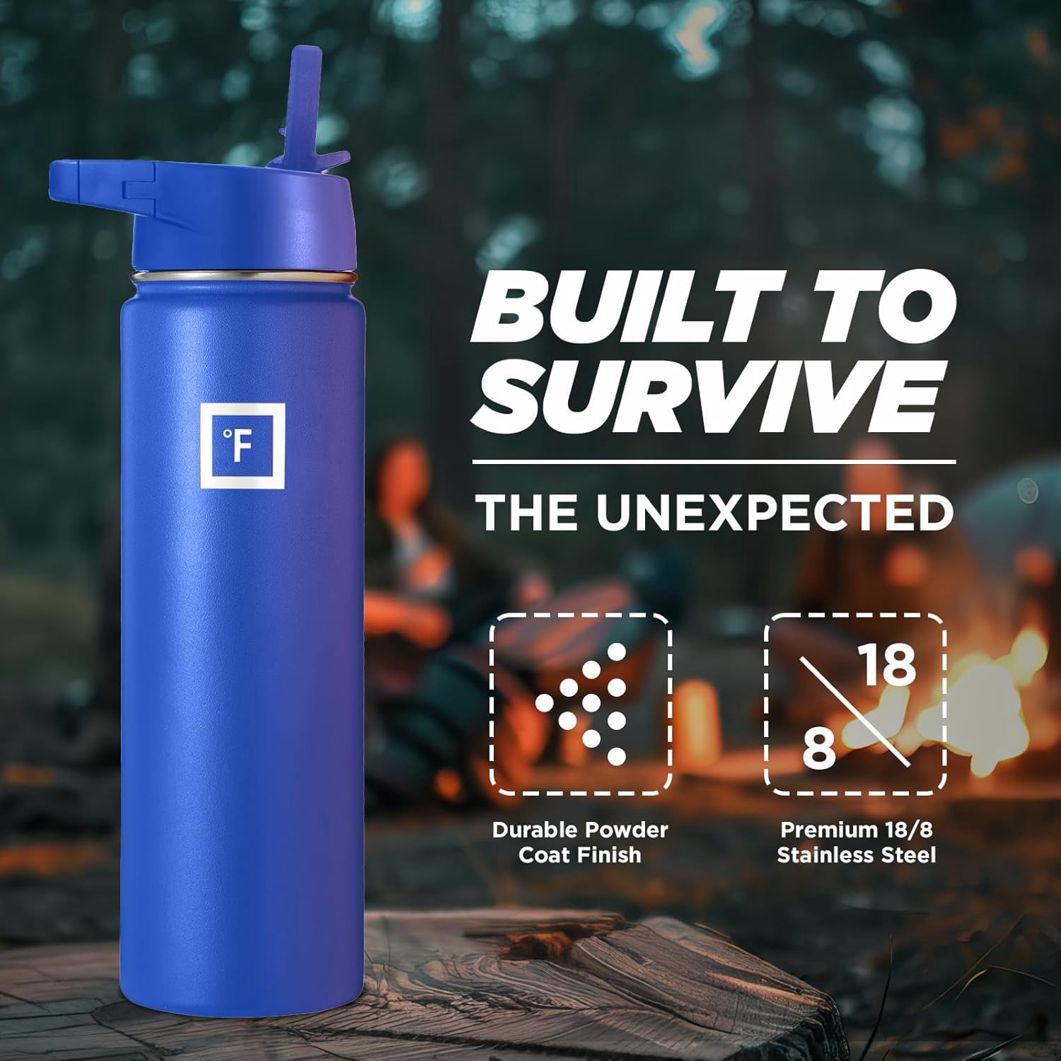 IRON °FLASK Camping & Hiking Hydration Flask, Wide Mouth, 3 Straw Lids, Stainless Steel Outdoor Water Bottle, Double Walled, Insulated Thermos, Metal Canteen - Cobalt Blue, 22 Oz