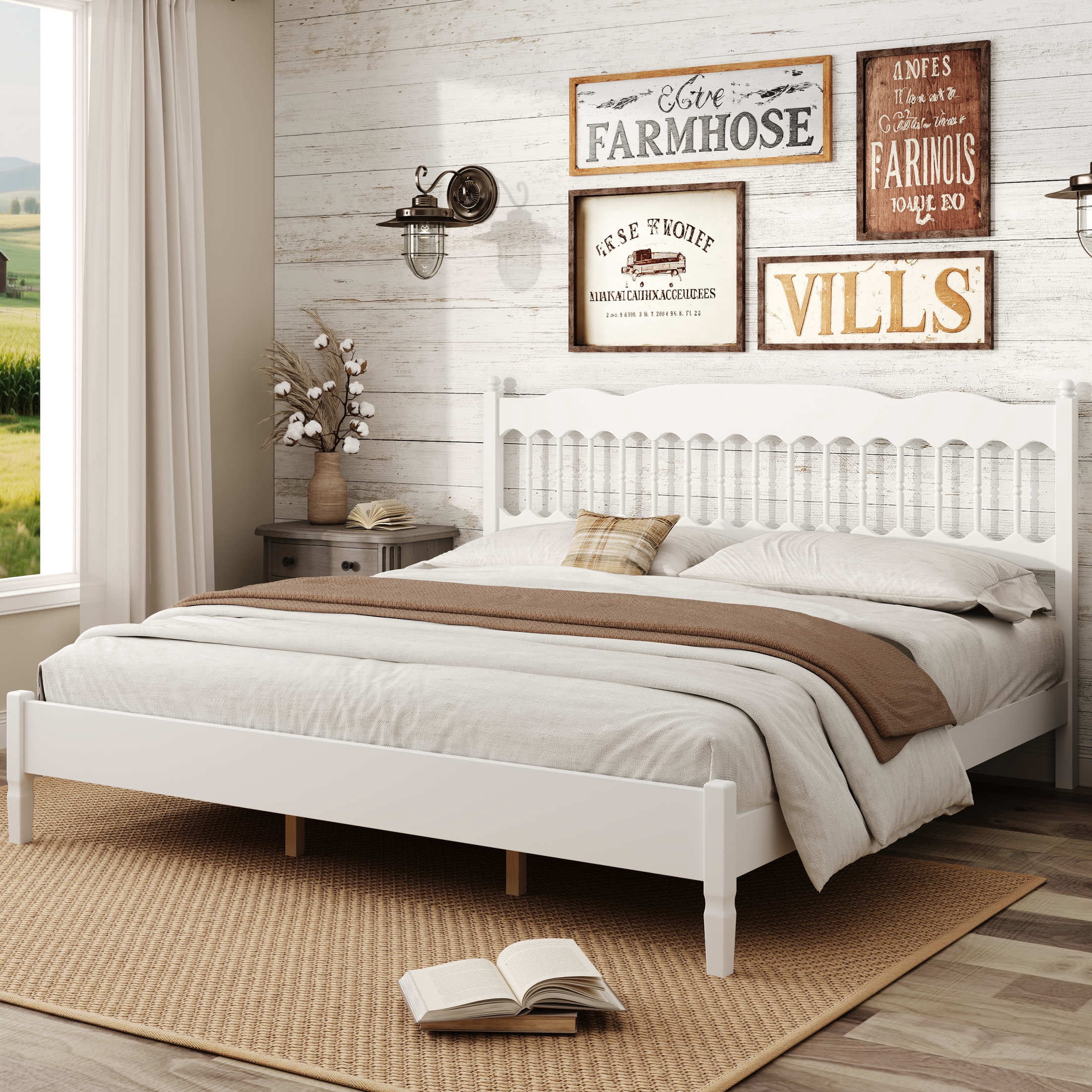 Noble House Onius Countryside Style King Size Wooden Bed Frame, Heavy-Duty Platform Bed with Center Support, White