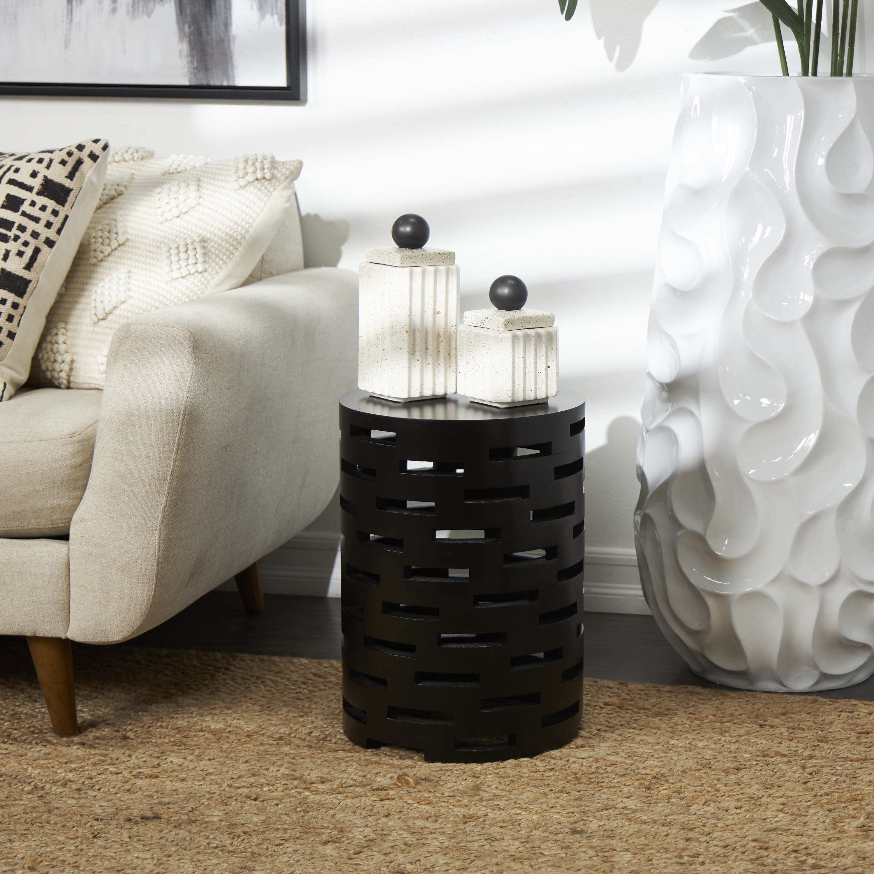 DecMode 12" x 17" Black Wood Brick Inspired Cutout Geometric Accent Table, 1-Piece