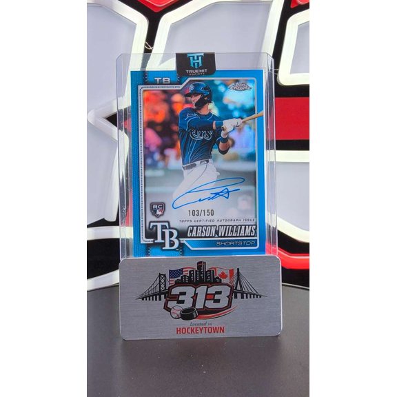 2026 Topps Chrome Carson Williams RA-CWS Blue Refractor Auto RC 103/150 Tampa Bay Rays Baseball Card Tampa Bay Rays MLB Autographed Baseball Card