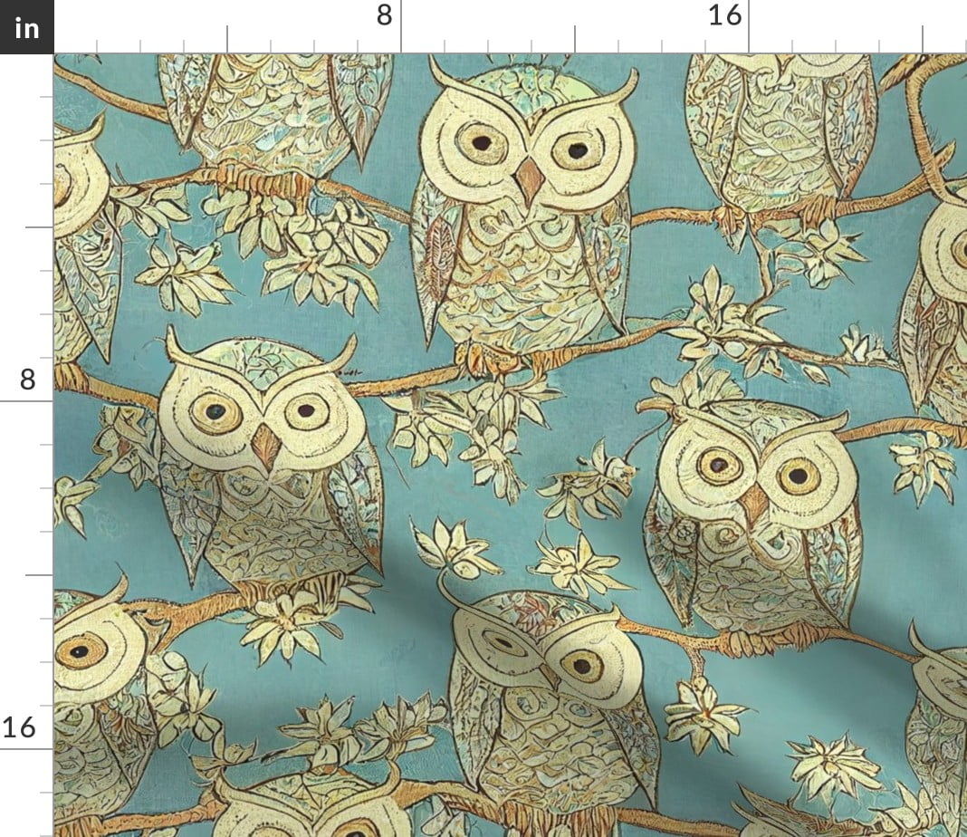 Fleece Fabric Fat Quarter Antique Owls Forest Woods Birds Branches