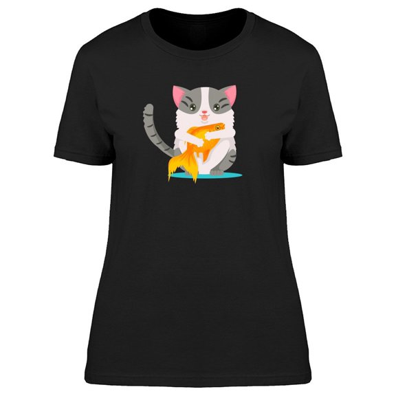 Cute Cat Holding A Goldfish Tee Women's -Image by Shutterstock