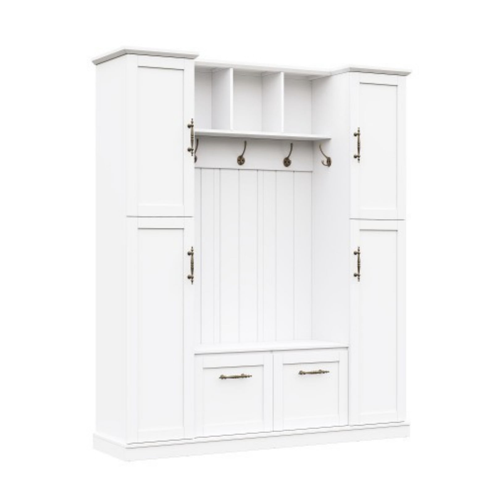 Farmhouse Entryway Hall Tree with Bench, All-in-One Mudroom Storage Cabinet with 4 Side Cabinets, Adjustable Shelves, Open Cubbies & 5 Hooks, Beadboard Coat Rack for Hallway, White