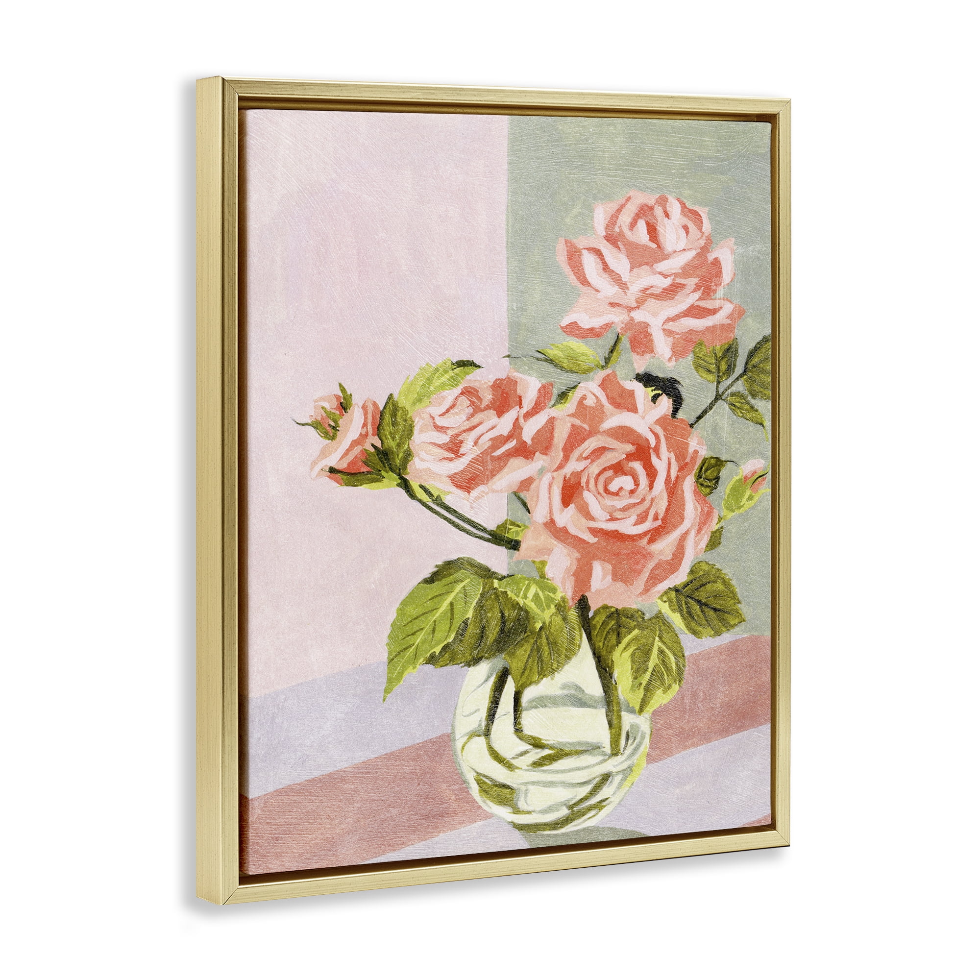 Stupell Industries Pink Roses on Pastels Plants & Flowers Painting Gold Floater Framed Canvas Art Print Wall Art, 17 x 21