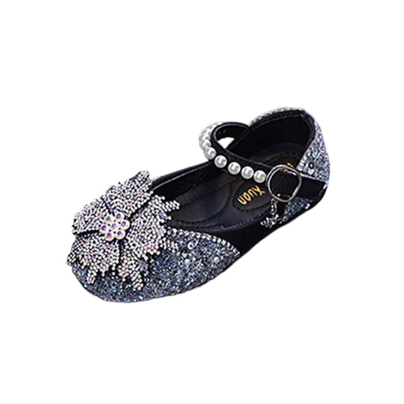 Owordtank Girls Mary Jane Dress Shoes Ballet Flat with Bow Pearl Rhinestones Shining Baby Girls Shoes