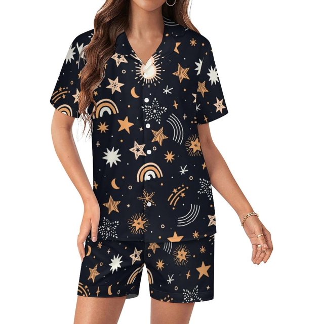 SKQIT Ensembles de Pyjama à Manches Courtes pour Femmes, 2 Pcs Imprimé Mignon Chemise Boutonnée en Satin Doux et Shorts