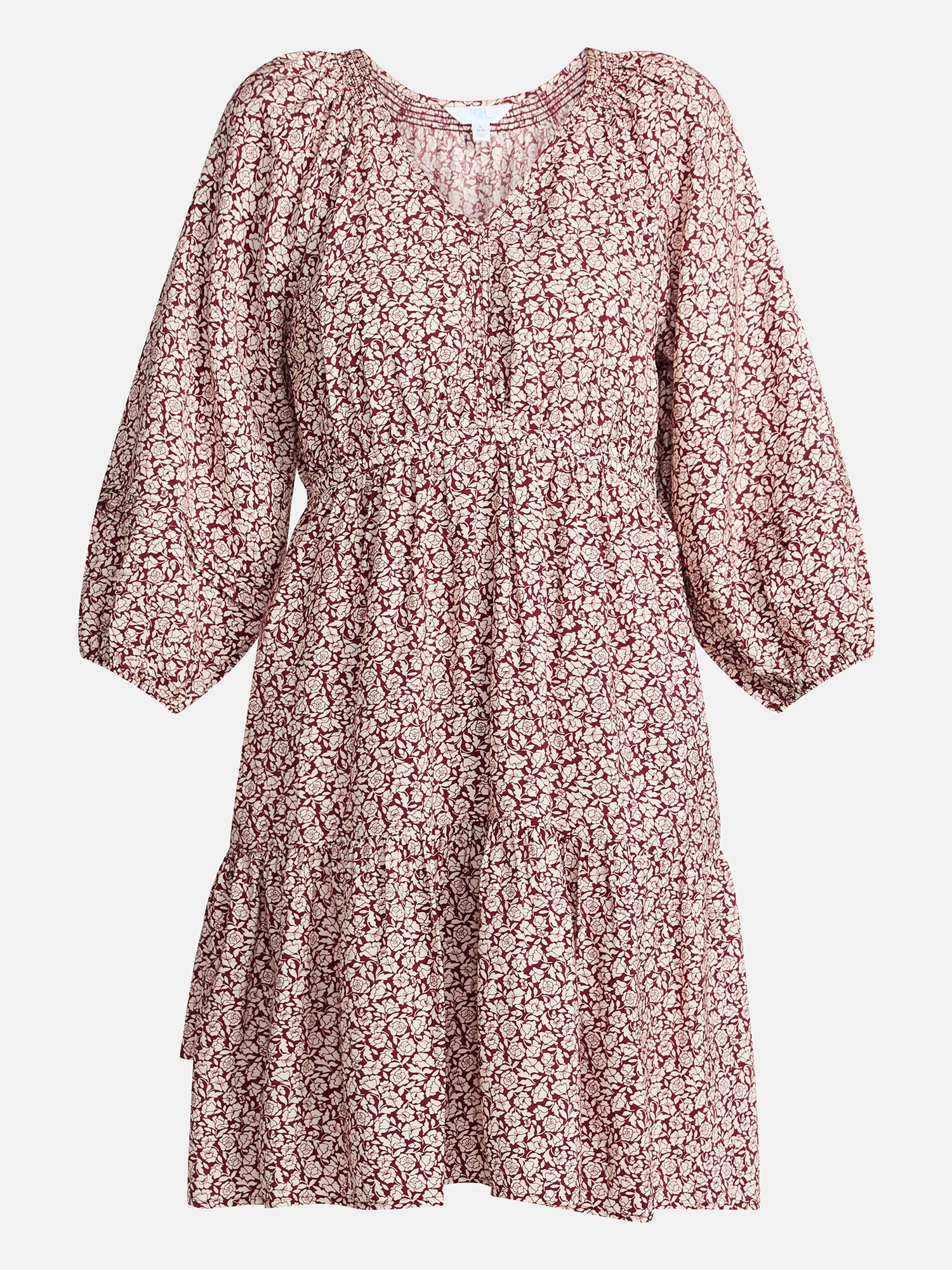 Time and Tru Women's Tiered Mini Dress with Blouson Sleeves, Sizes XS-XXXL