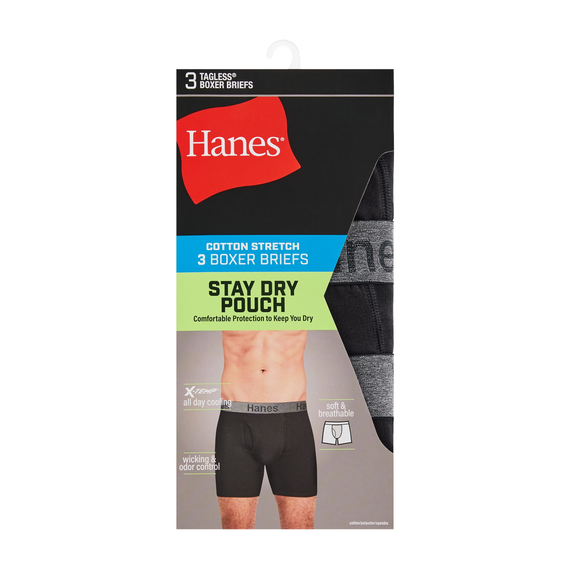Underwear Boxer Briefs with Stay Dry Pouch, 3-Pack, Cotton Stretch Underwear, Black
