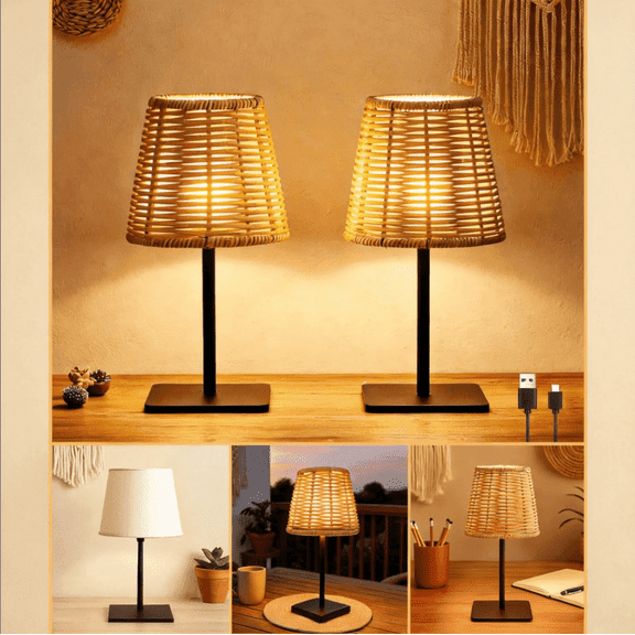 Boho Rattan Table Lamp,Wicker Night Light,LED Rechargeable Reading Lights,3 Color Touch Control Dimmable Bedside Lamps Living Room Bedroom Office Lighting Home Outdoor Decor (2, Black)
