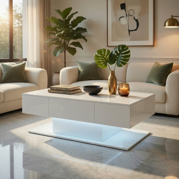 Resenkos Modern LED Coffee Table with 20 Color LED Lights and 2 Storage Drawers-White, Modern Coffee Table for Living Room Office Reception