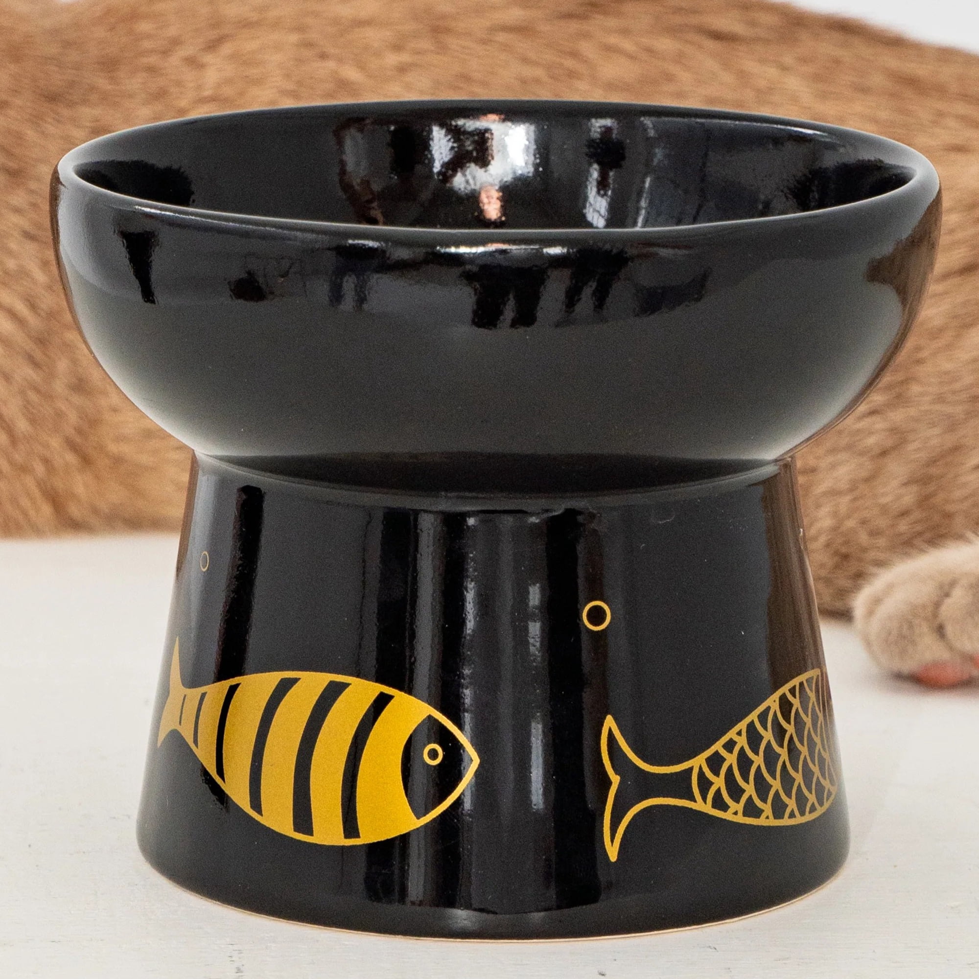 Dexypaws: Elevated Ceramic Cat Bowl - Black & Gold Fish - 7oz - Pet Feeding Dish, Meals, Food & Water, Ergonomic Height, Stylish, Shallow & Raised