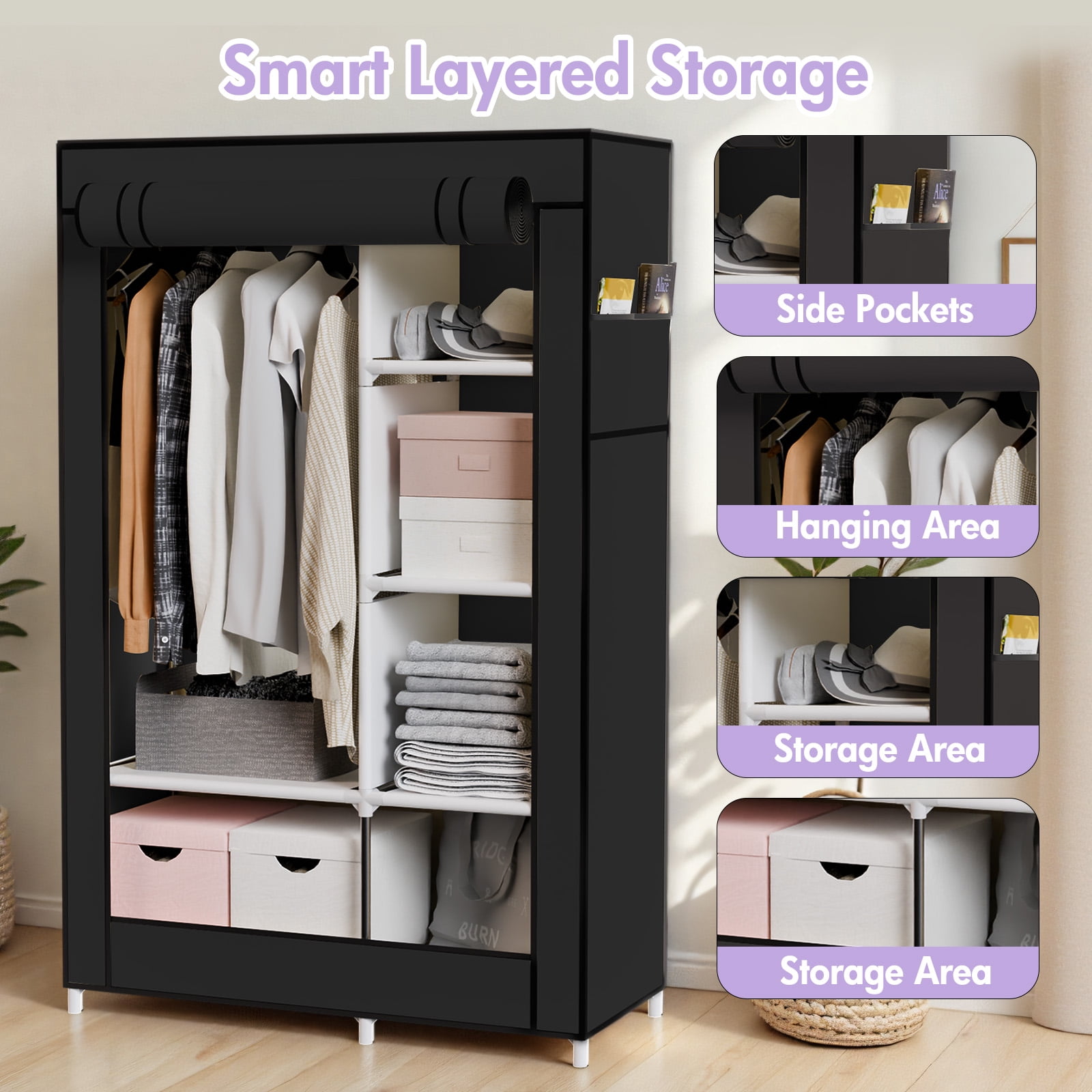 BAOKALER Black No-Assembly Portable Closet:6 Shelves,1 Hanging Rod,4 Side Pockets–Ideal for Bedroom, Living Room, Cloakroom, Garage, Dorm, Apartment