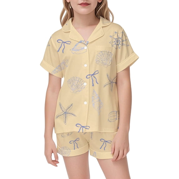 MEZZALL Girls Sleepwear Set Soft Satin Pajamas Sets With Ocean Bow Print Short Sleeve Lapel Button Down Tops & Shorts For Toddler Kids Daily Casual Night Classic Nightwear