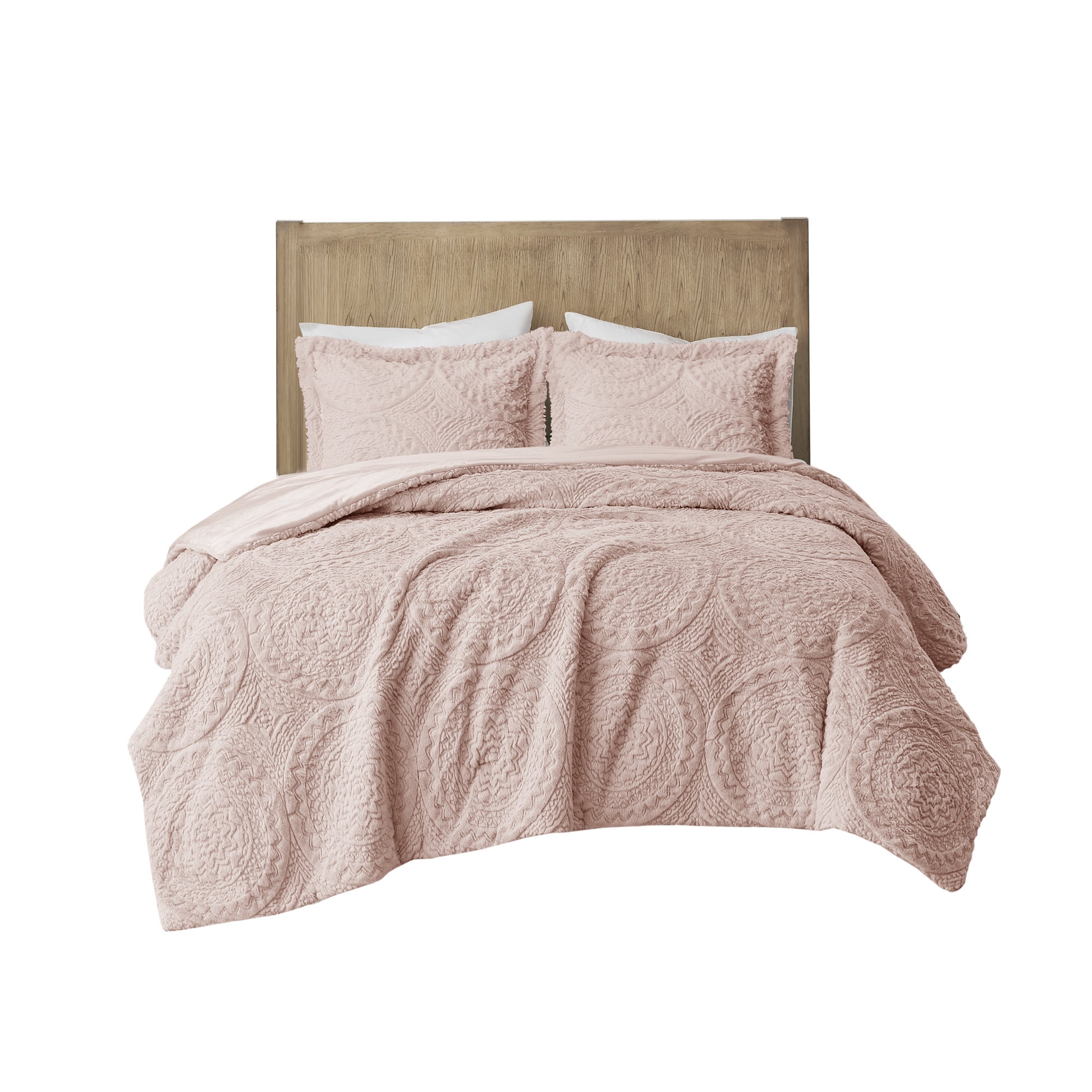 Madison Park Arya Embroidered Medallion Faux Fur Ultra Plush Comforter Mini Set, King/Cal King - Blush