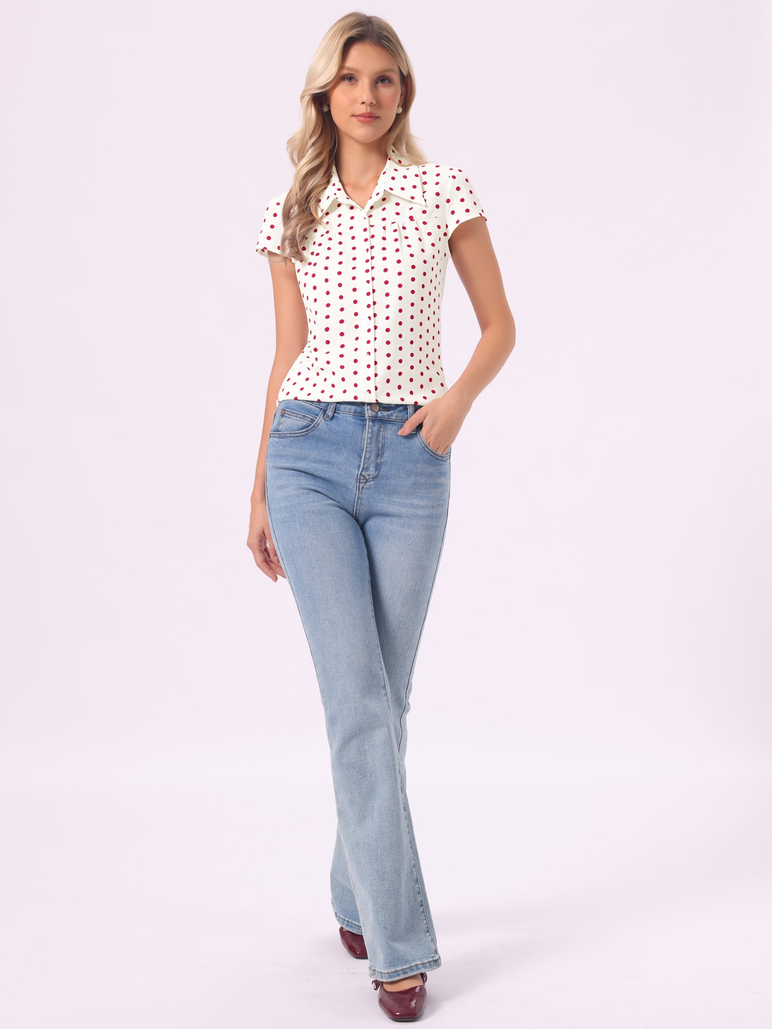DARING DIVA Women's Polka Dots Shirt Retro Short Sleeve Button Up Top L White Red