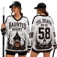thumbnail image 2 of V Neck Long Sleeve Graphic Top For Women Halloween Haunted Night Theme Hockey Jersey Relaxed Fit Casual Long Sleeve Shirt Ideal For Halloween Party And Holiday Gathering White L, 2 of 6