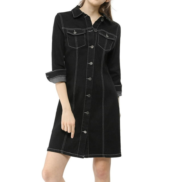 Vestido de mezclilla para mujer INSPIRE CHIC, con mangas 3/4, botones, mini vestido de camisa de mezclilla, color negro