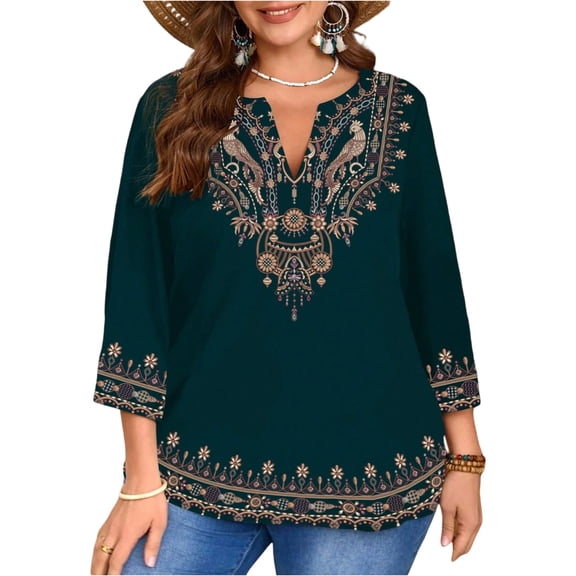 3/4 Sleeve V Neck Boho Tops for Women, Ethnic Floral and Geometric Style Top, Plus Size Blouses for Women Dressy Casual Green 4XL