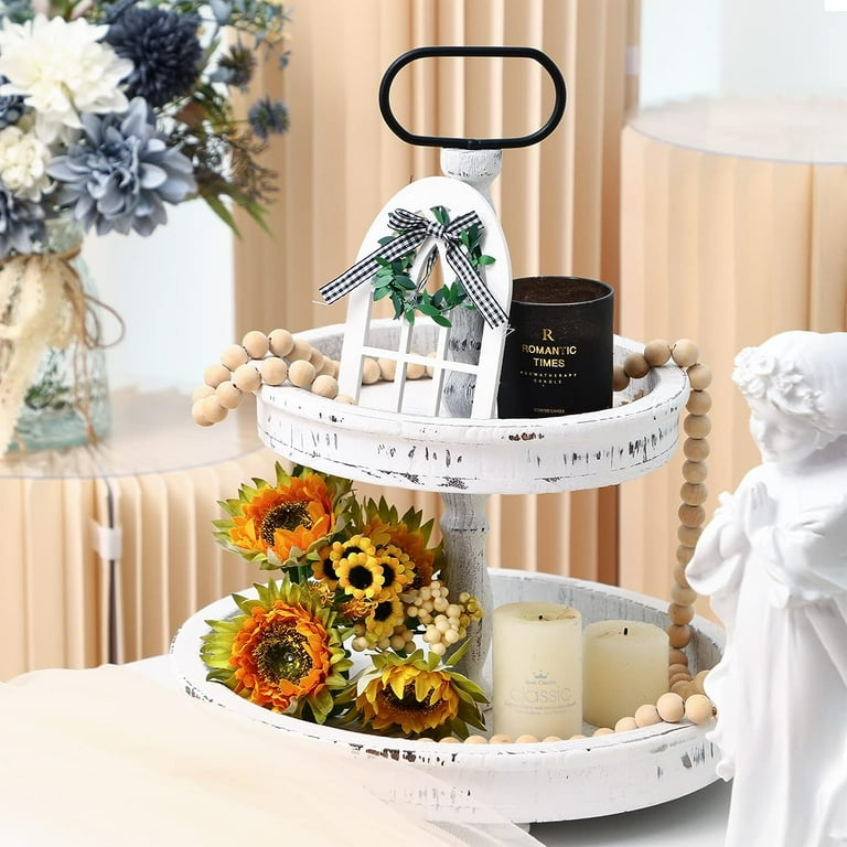 Tiered Tray Stand Decor Farmhouse Two Tiered Tray White Tiered Serving Tray Wood Decorative Trays for Kitchen Coffee Macaron Plate Cakes Dessert
