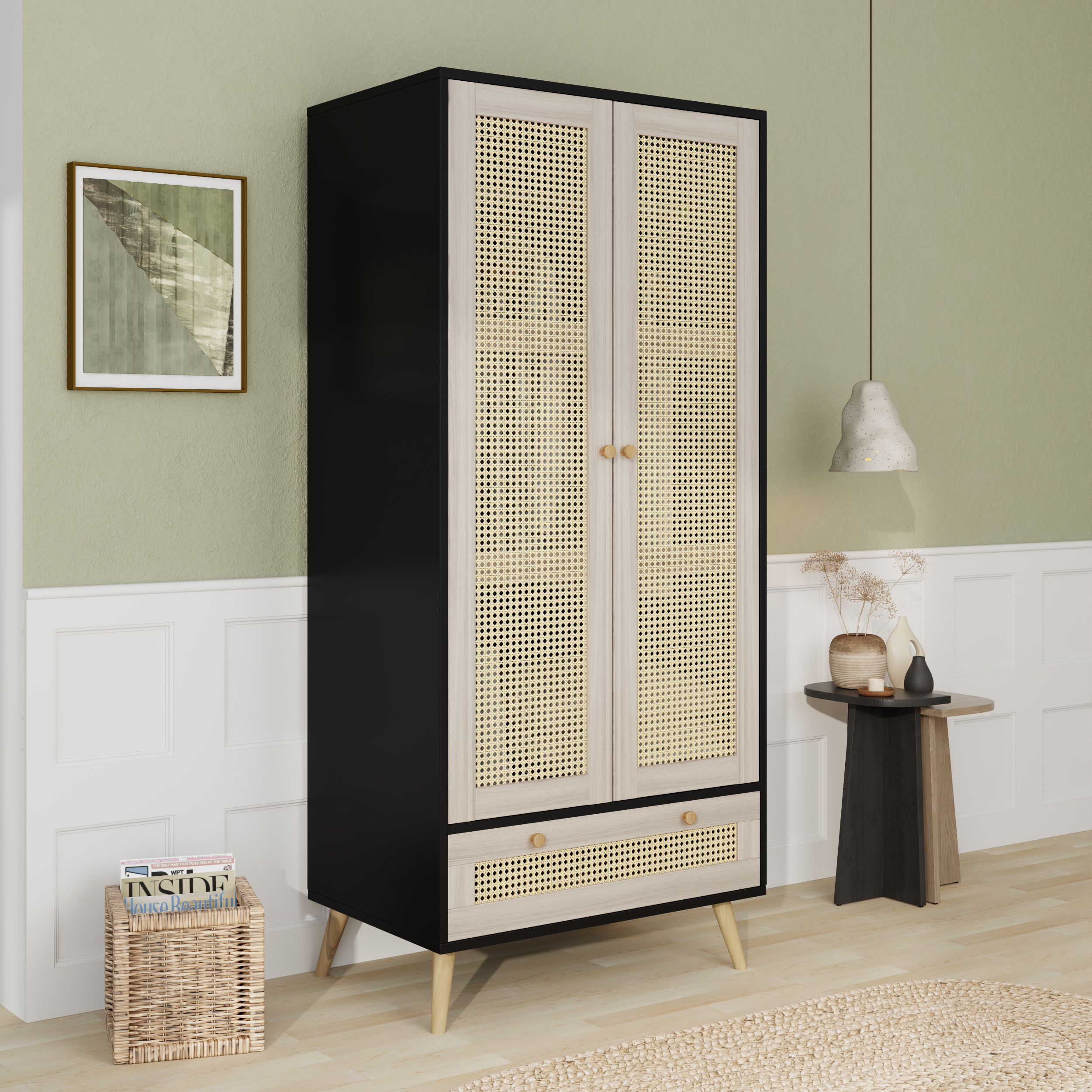 Euroco Modern 2 Door Armoire Wardrobe Closet, Rattan Clothes Cabinet with Drawer and Hanging Rod, Natural