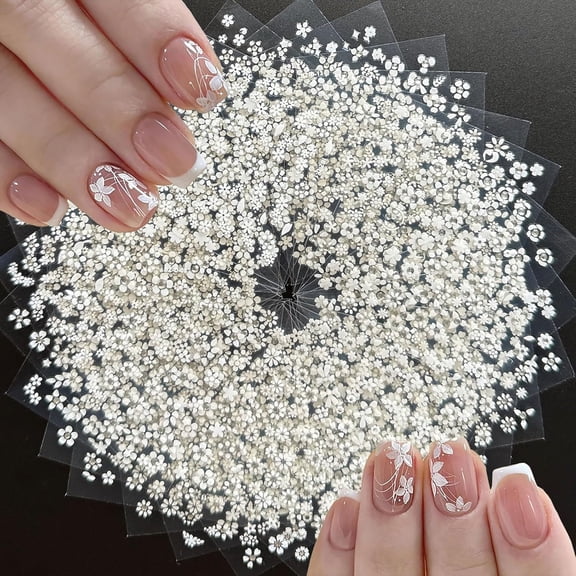 RAGUPEL 30 Sheets White Flower Nail Art Stickers with Rhinestones 3D Self Adhesive Design Flowers Nail Decals for Nails Decortions for Women Diy Manicure (White)