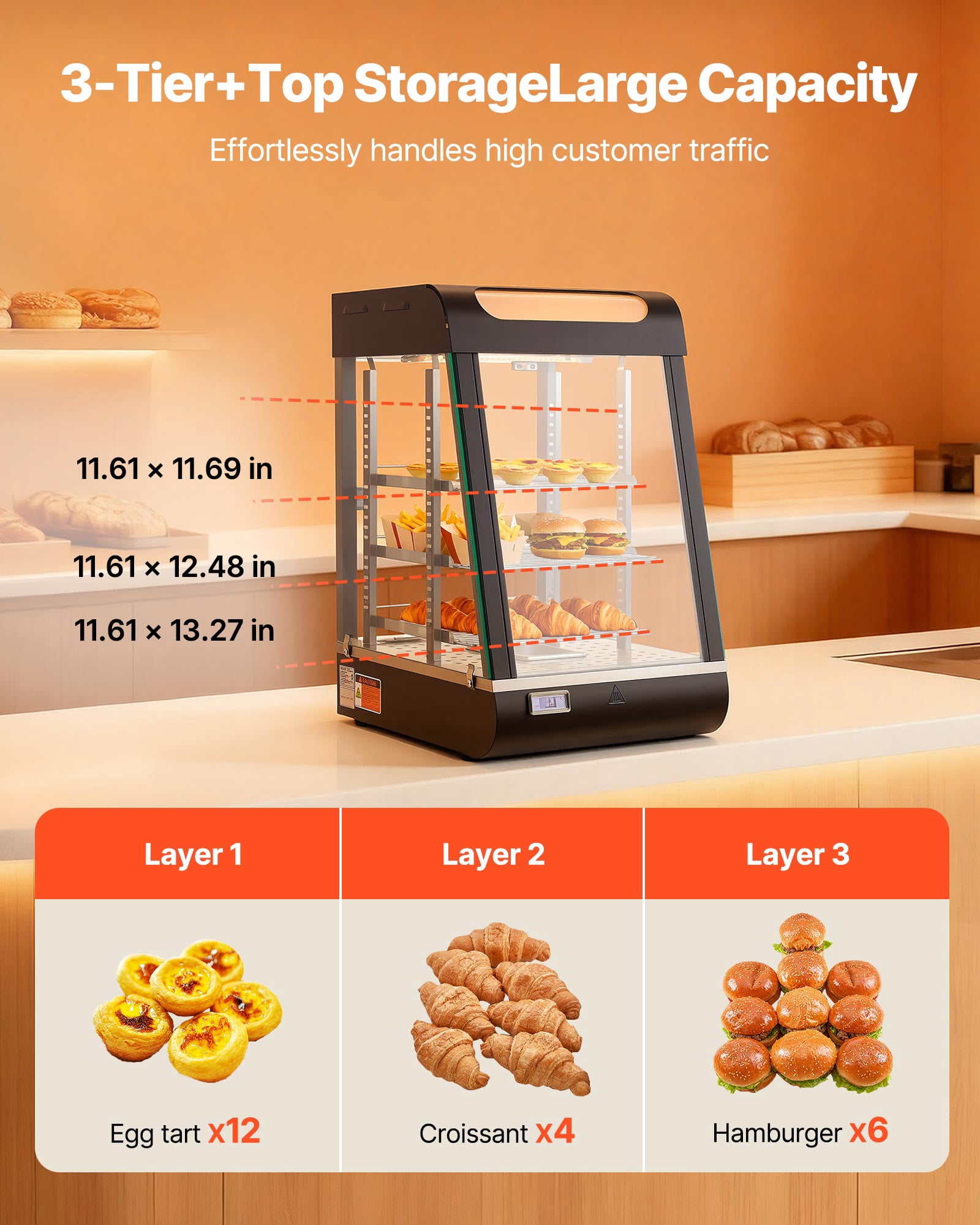 VEVOR 3-Tier Commercial Food Warmer Display, 800W Food Display Warmer with LED Light, Top Storage and Adjustable Shelves, 86℉~185℉ Steam Heating, 60 Qt /57L for Hamburger, Pizza, Bread, Fried Chicken