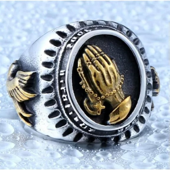 K-KED Vintage Lord's Prayer Praying Hands Ring Stainless Steel Cross Angels Dove Ring-14