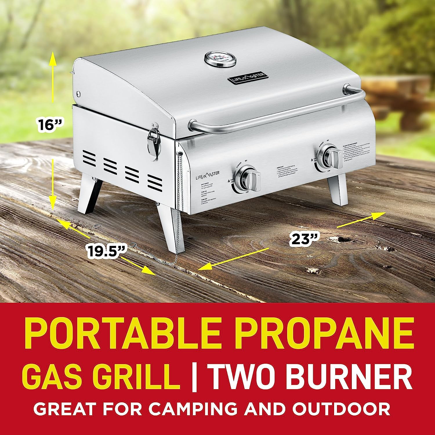 Portable BBQ Propane Grill Outdoor Stainless Steel 2 Burner LPG Gas BBQ  Cooker Tabletop Deck Patio Smokeless BBQ Grill 2800Pa with Steel Shield