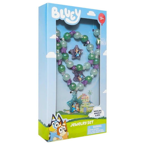 LUV HER Bluey Girl's Jewelry Set - Dress up 3 Piece Toy Jewelry Box Set with Bead Necklace, Bracelet and Ring - Play Accessories - Ages 3