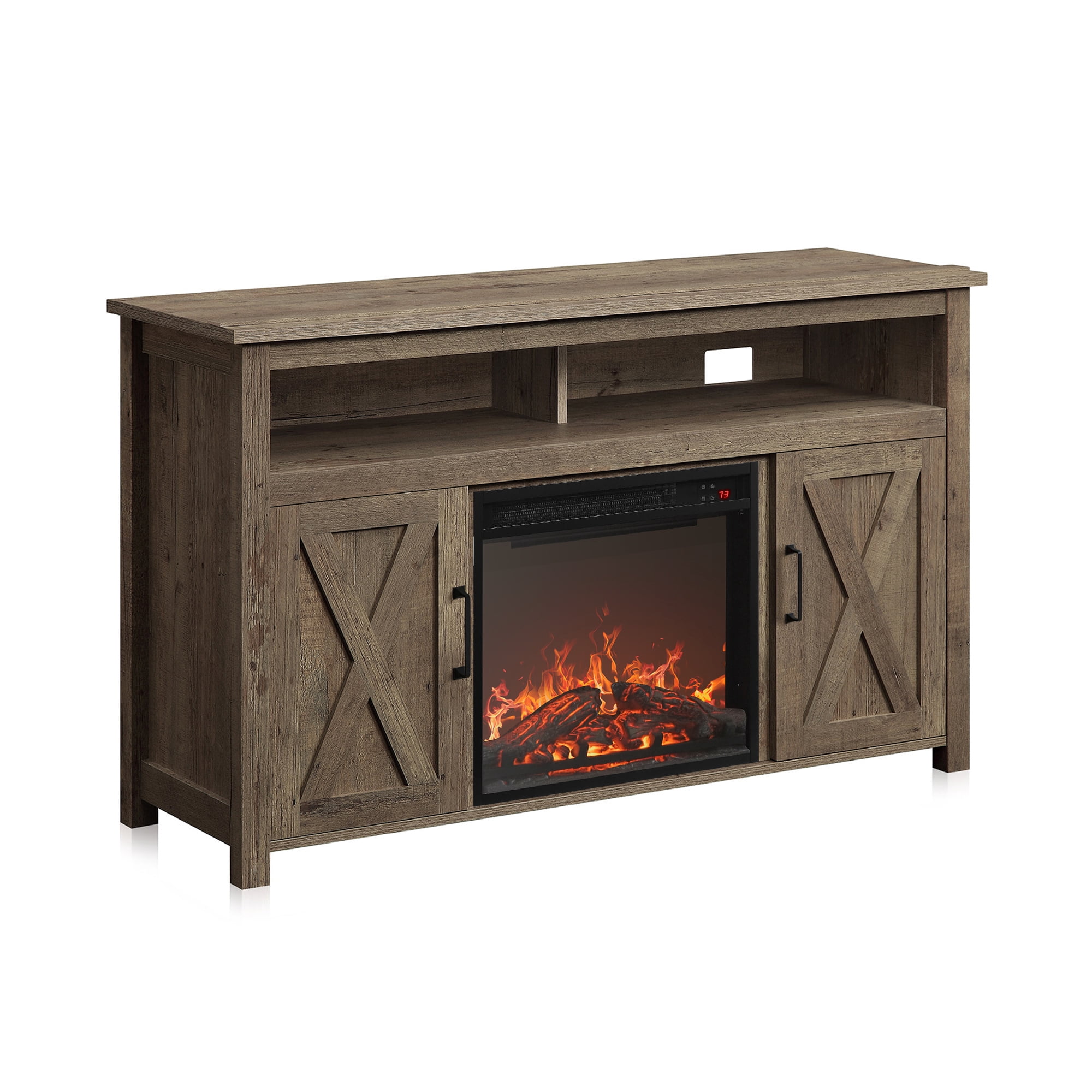 BELLEZE 48" Barn Door TV Stand Media Entertainment Center For TVs up to 50" with 18" Fireplace - Corin (Wood)