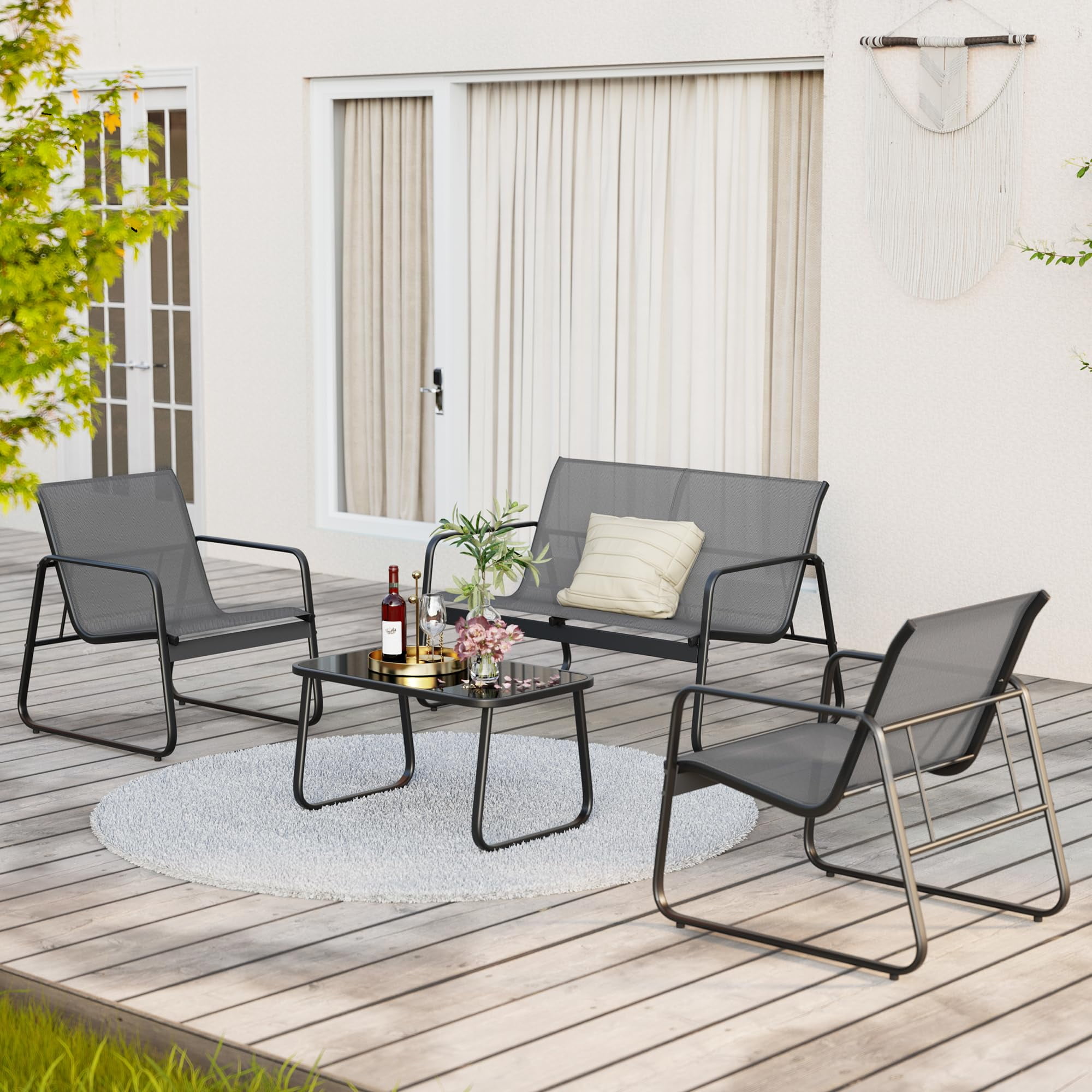 Aiho 4 Pieces Patio Furniture Set Clearance with Glass Coffee Table, Outdoor Textilene Chairs Set for Garden, Backyard -Gray