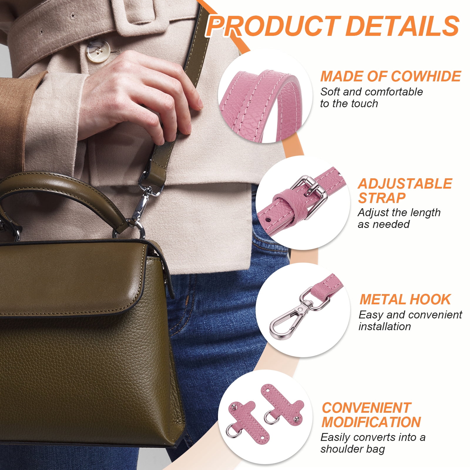 Leather Shoulder Strap, Adjustable Purse Straps Replacement Kit with Clasp for Handbag, Pink