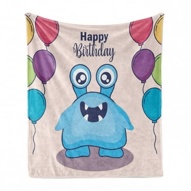 Alien Soft Flannel Fleece Throw Blanket, Happy Birthday Typography with Funny Monster, Cozy Plush for Indoor and Outdoor Use, 50" x 70", Multicolor, by Ambesonne