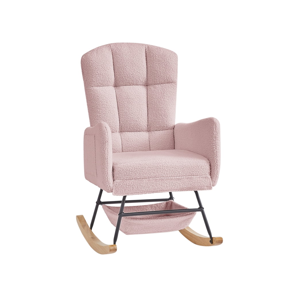 Pink Teddy Fleece Rocking Chair, Upholstered Nursery Glider with High Back, Metal & Wood Frame