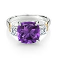 thumbnail image 2 of Gem Stone King 925 Silver and 10K Yellow Gold Amethyst and White Moissanite 3 Stone Ring for Women (3.46 Cttw, Gemstone Birthstone, Cushion 10MM, Round 4MM, Size 6), 2 of 3