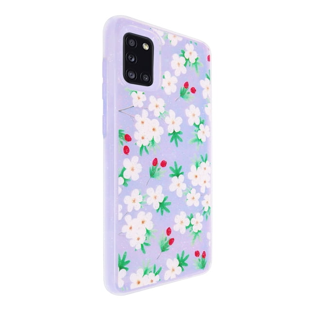 Funda de diseño doble capa con vidrio 9D para Samsung Galaxy A31 Flores con fondo lila Selicell