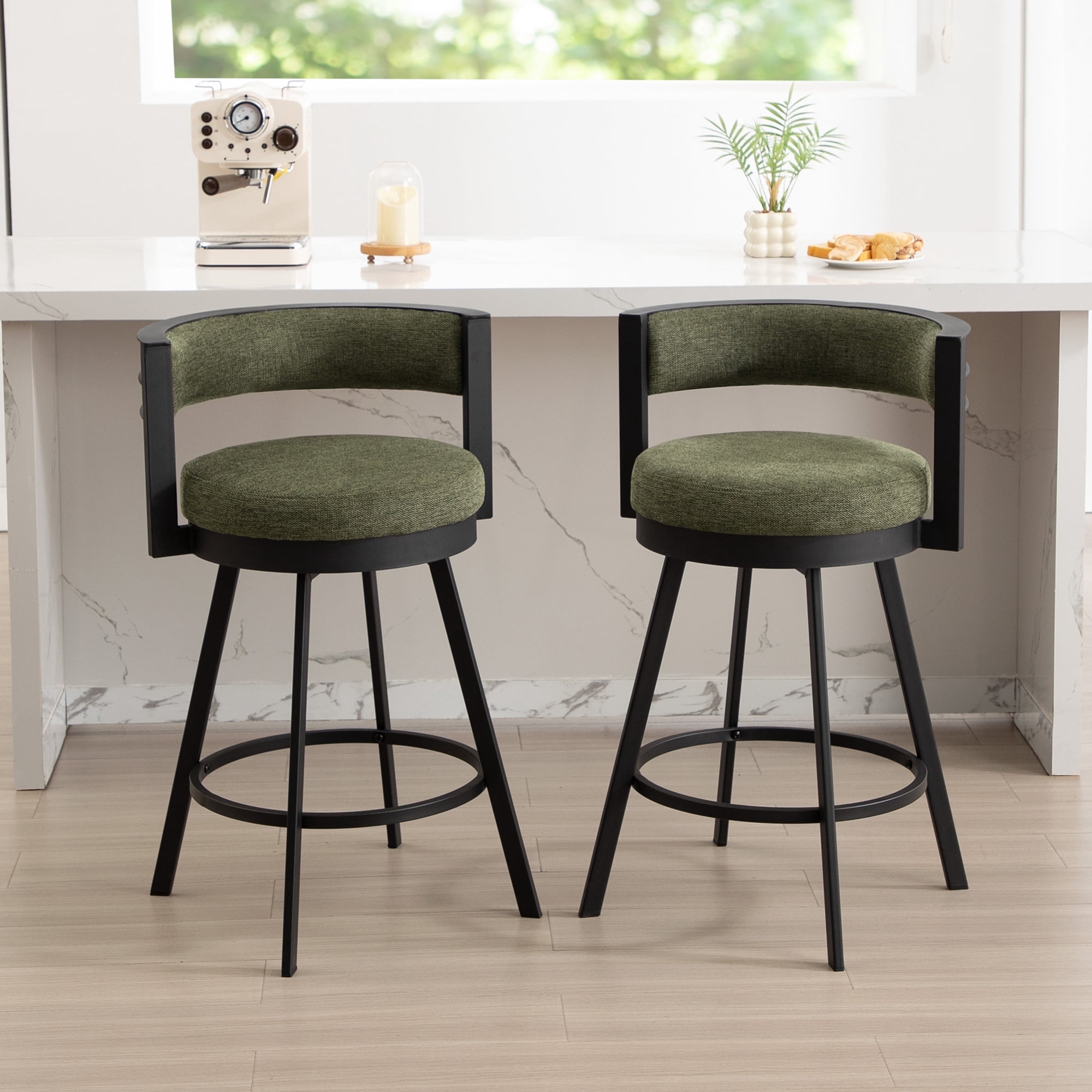 Zesthouse 26.6″ Swivel Bar Stools Set of 2, Linen Upholstered Counter Stools with Barrel Back and Metal Legs, Modern Counter Height Barstools for Kitchen Island, Green