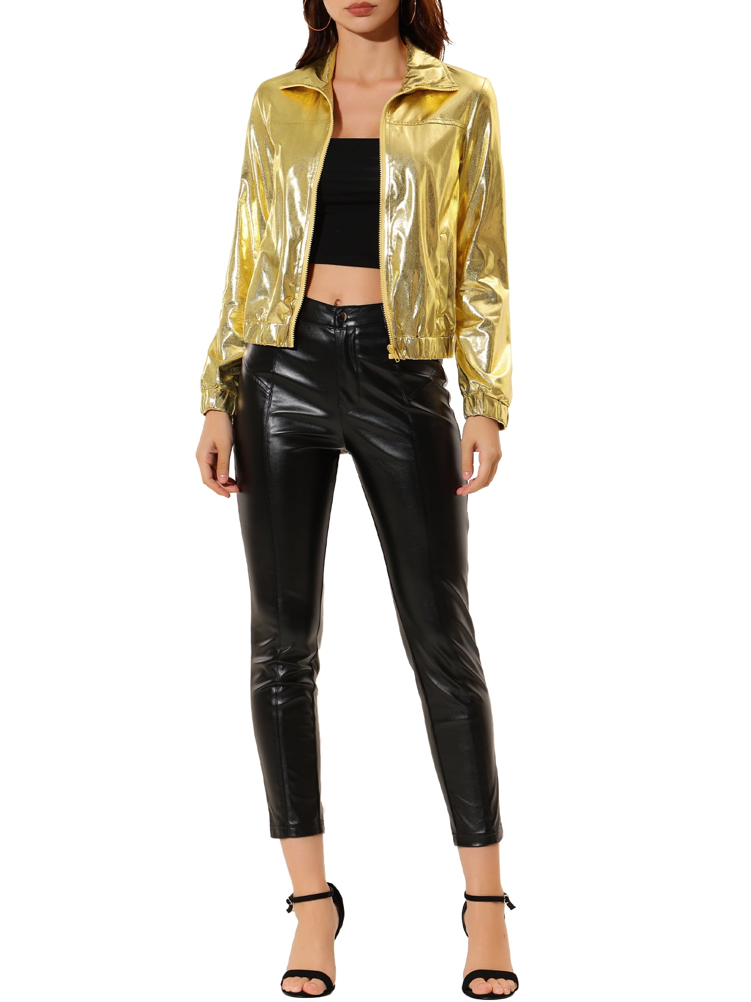 INSPIRE CHIC Women's Holographic Shiny Party Long Sleeve Lightweight Zipper Metallic Jacket M Golden