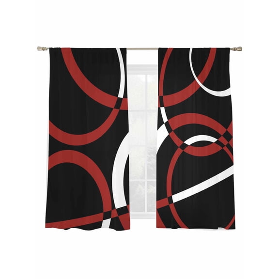 Modern Abstract Art Sheer Curtains 63 Inch Long 2 Panels, Red White Geometric Circle Light Filtering Rod Pocket Semi Sheer Curtains, Sheer Voile Drapes for Living Room Bedroom, 52"x63"