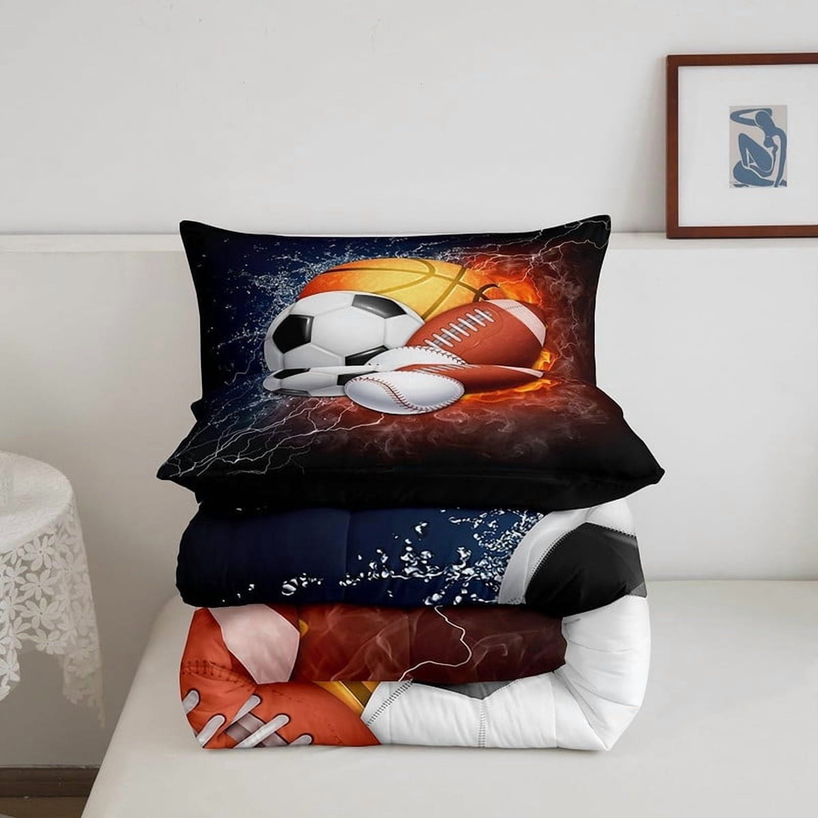 Basketball & Football Bedding Set for Boys Teens - 3 Piece Twin Comforter Cover with 2 Pillowcases, Sporty Duvet Cover for Kids, Boys Room Decor