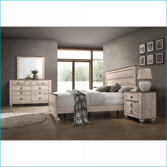 Bedroom Set King 4-Piece Industrial Chic Solid Wood White Wash – Bed, Dresser, Mirror, Nightstand | Wood | Standard Beds