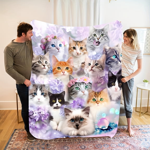 Elegant Multi Cat Throw Blanket with Purple Dreamy Flowers Soft Warm Flannel Perfect Gift for Holidays Ideal for Napping Camping Travel Home Decor Home Accessory Whimsical Cat Digital Print