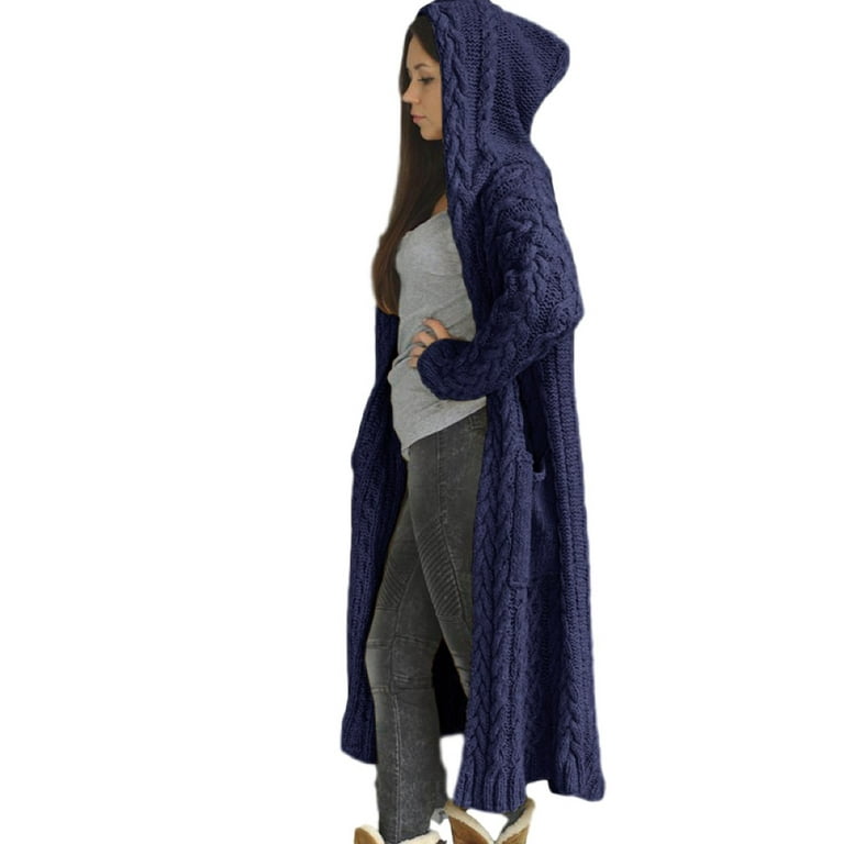 Langwyqu Autumn Winter Long Open Front Cardigan Knit Ankle Length Hooded Sweater With Pocket