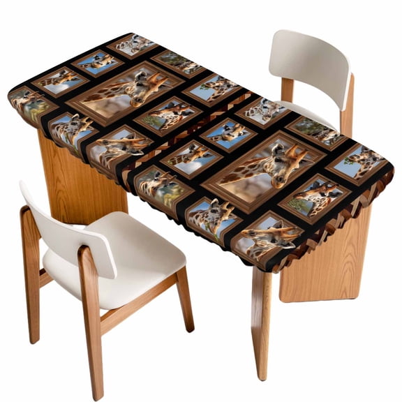 Brown Giraffe Table Cloths for 5 Foot Rectangle Tables, Wildlife Animals Farmhouse Wood Plank Patio Waterproof Elastic Fitted Tablecloths, Washable Rectangular Table Cover for Camping