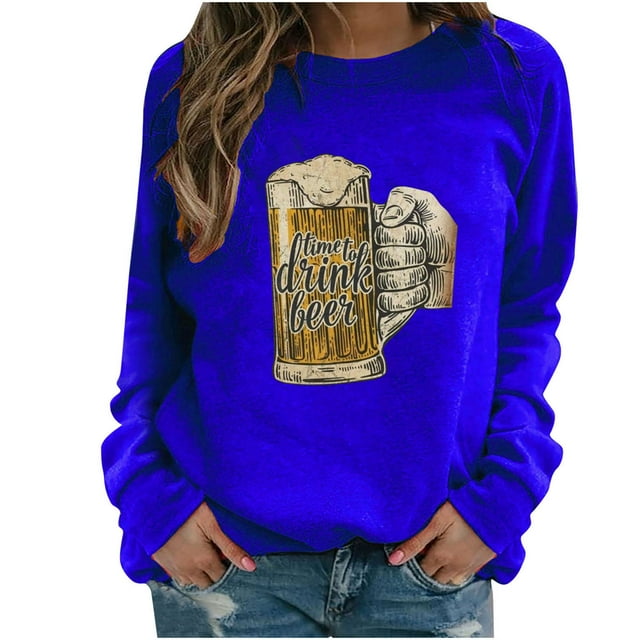 Wolfast Chandails à Manches Longues pour Femmes Motif Personnalisé Bière Mode Chandail Décontracté à Manches Longues Col Rond
