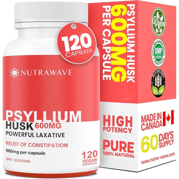 Nutrawave Psyllium Husk 600 mg Capsules – Fiber Supplement for Digestive & Colon Health, Regularity Support, 120 Vegan Capsules, Non-GMO, Gluten-Free